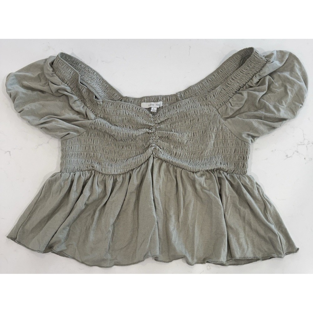 Love Tree Sage Green Smocked Off-Shoulder Crop Top